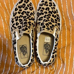 Vans Tan and Black Leopard Slip-Ons